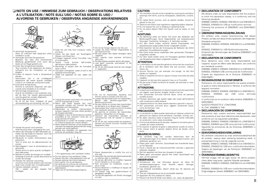 Denon DN-X1700 manual Achtung, Declaration of Conformity, Übereinstimmungserklärung, Attenzione, Precaución, Waarschuwing 