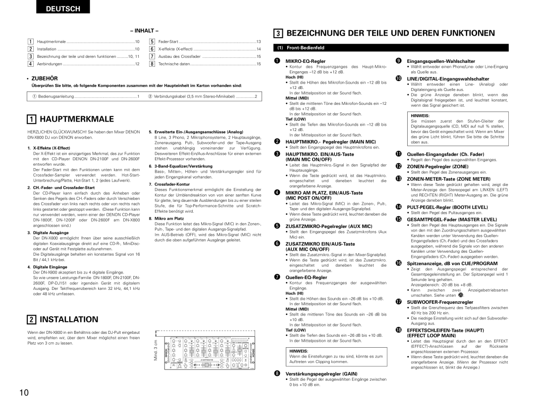 Denon DN-X800 operating instructions Bezeichnung DER Teile UND Deren Funktionen, Hauptmerkmale, Front-Bedienfeld 