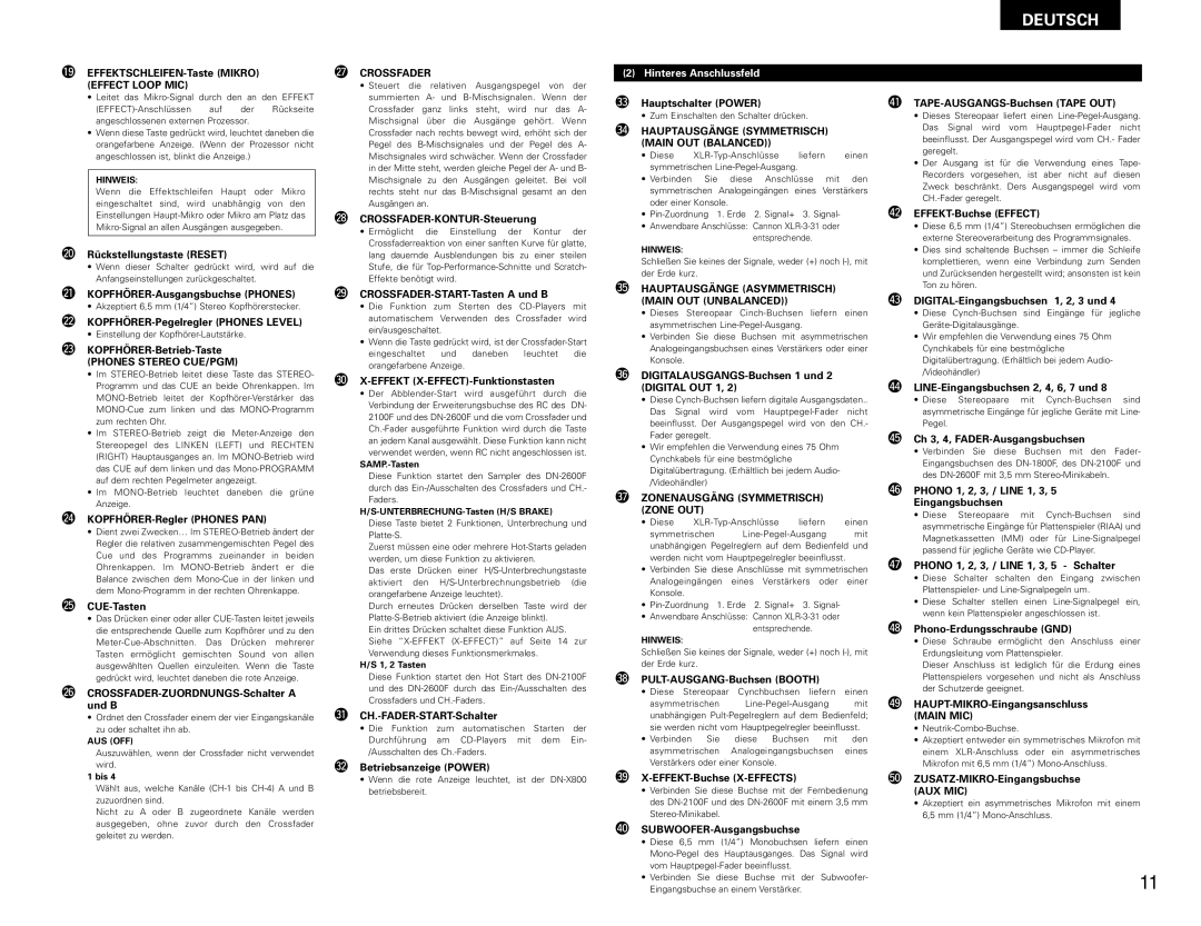 Denon DN-X800 operating instructions Hinteres Anschlussfeld 