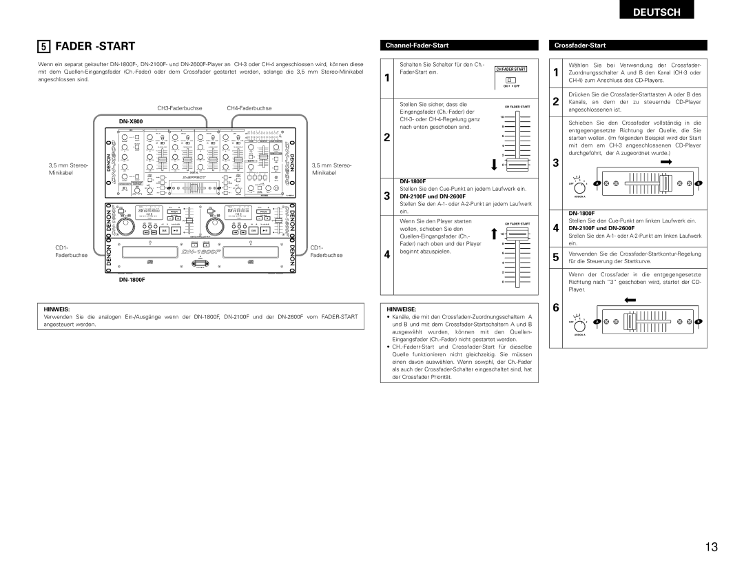 Denon DN-X800 operating instructions Fader -START, Channel-Fader-Start, Crossfader-Start, Hinweise 