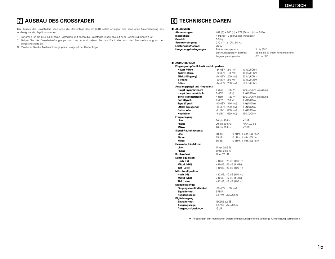 Denon DN-X800 operating instructions Ausbau DES Crossfader, Technische Daren, Allgemein, Audio-Bereich 