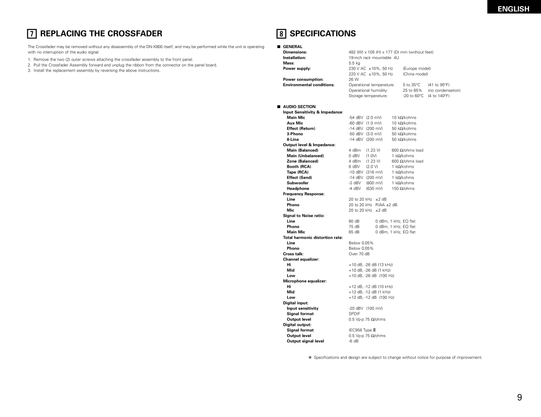 Denon DN-X800 operating instructions Replacing the Crossfader, Specifications, General, Audio Section 