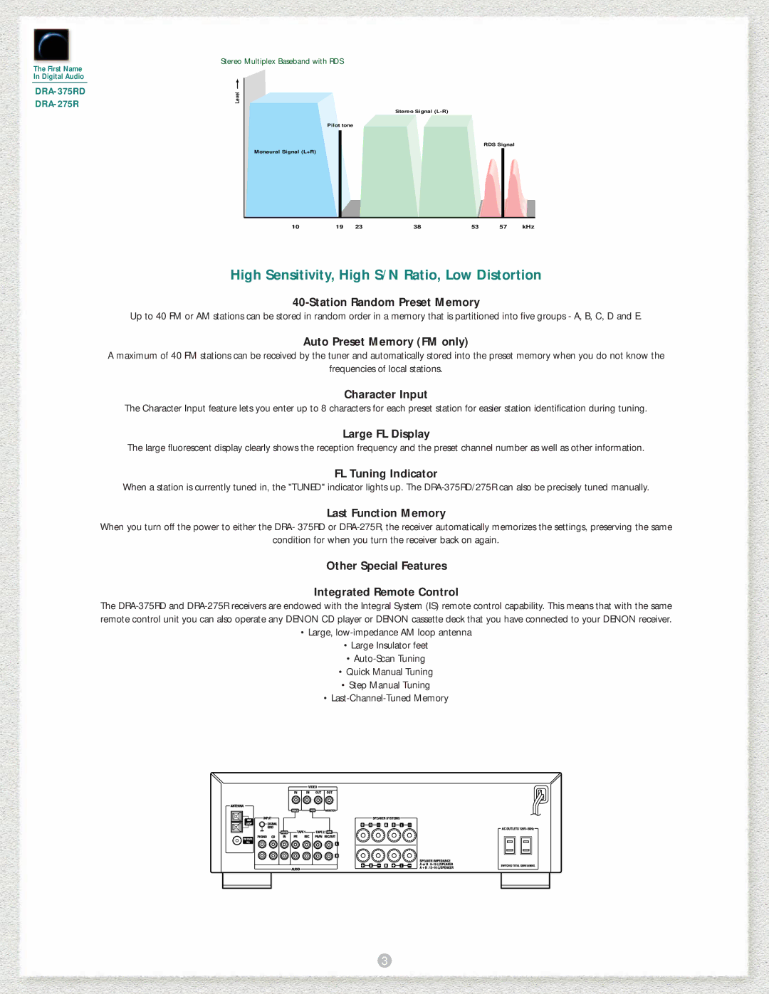 Denon DRA-375RD, DRA-275R manual High Sensitivity, High S/N Ratio, Low Distortion 
