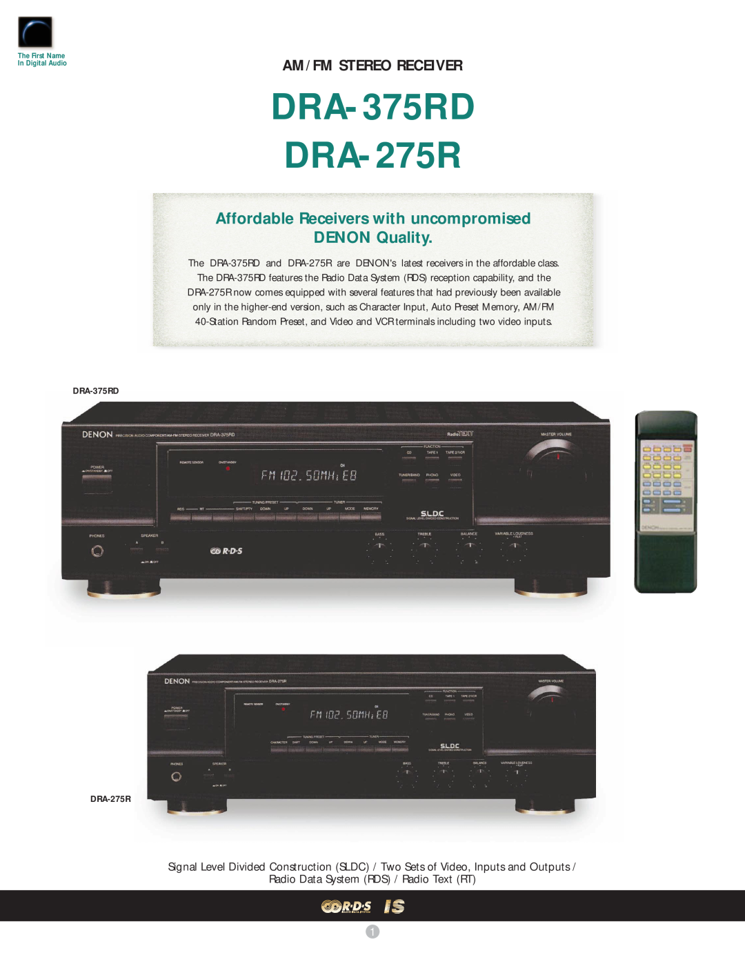 Denon manual DRA-375RD DRA-275R, Affordable Receivers with uncompromised, DENON Quality, Am/Fm Stereo Receiver 