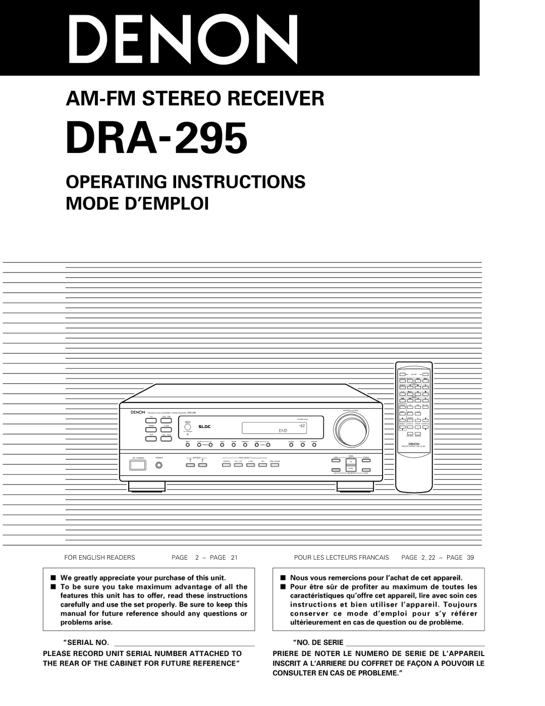 Denon DRA-295 manual Nous vous remercions pour l’achat de cet appareil, For English Readers, 02 ~ 