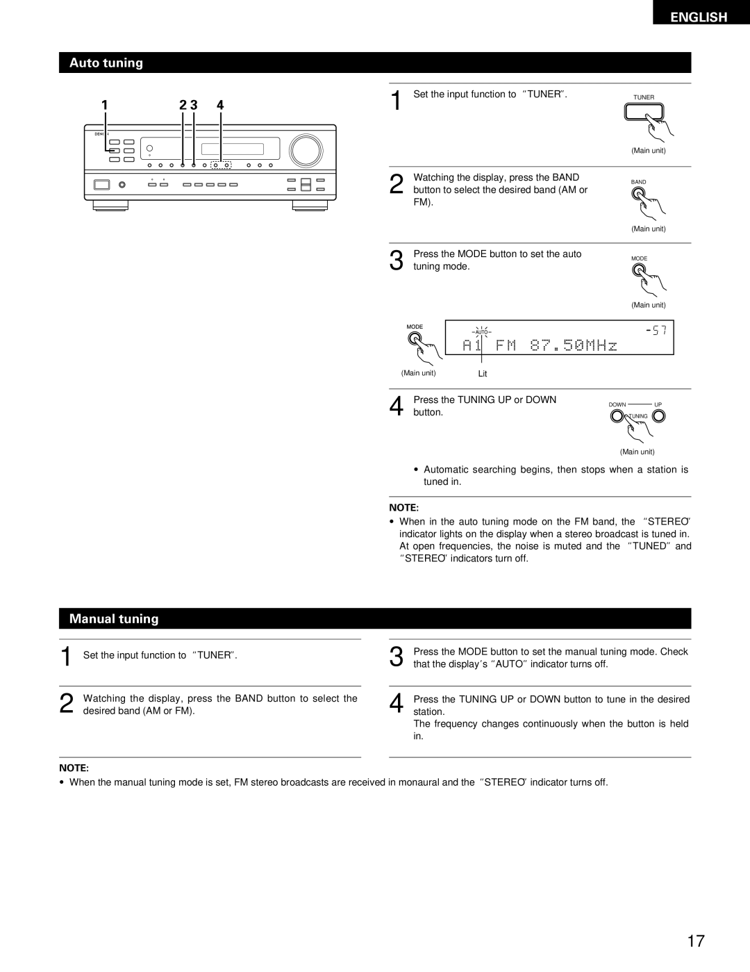 Denon DRA-295 manual Auto tuning, Manual tuning, Lit 