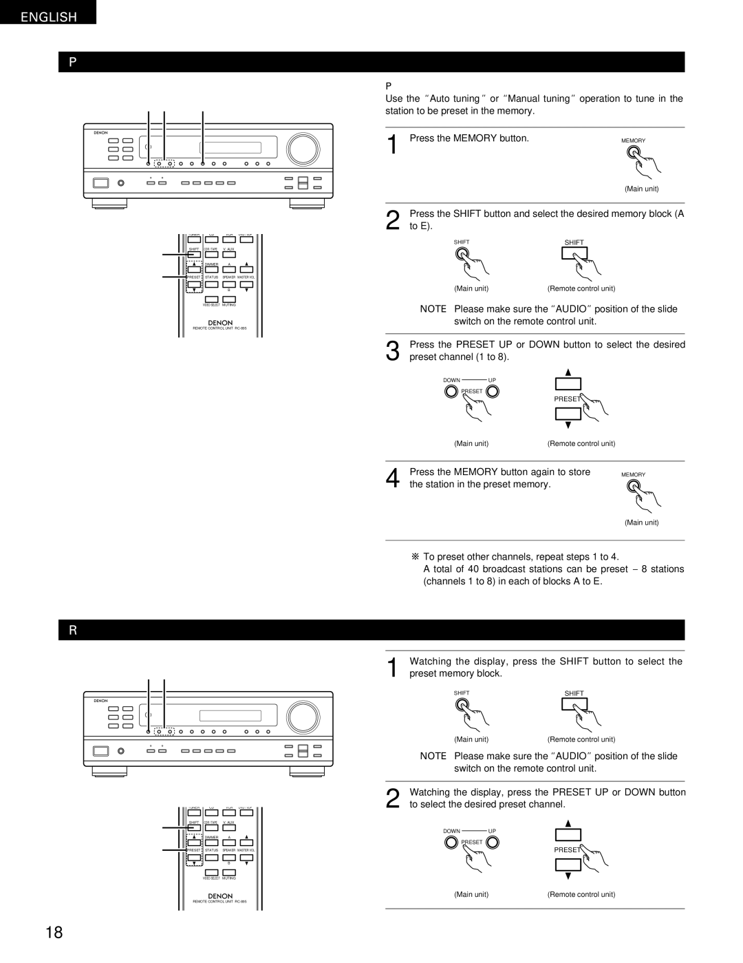 Denon DRA-295 manual Preset memory, Recalling preset stations 