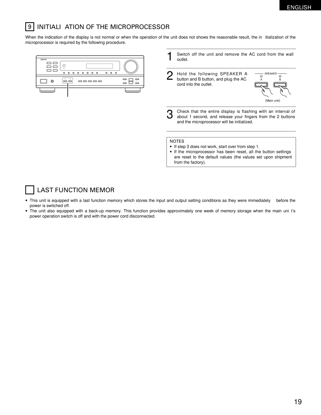 Denon DRA-295 manual Initialization of the Microprocessor, Last Function Memory 