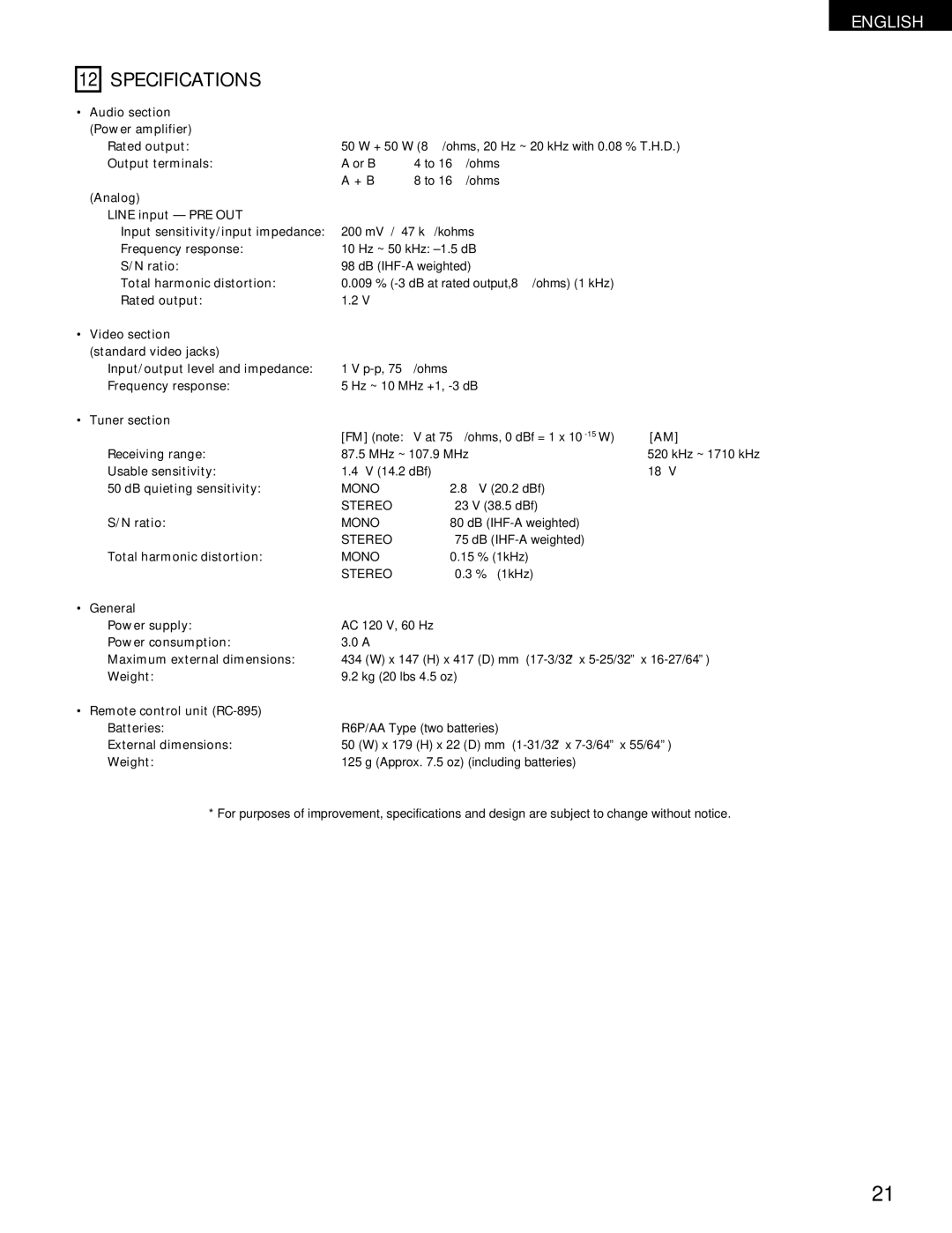 Denon DRA-295 manual Specifications 