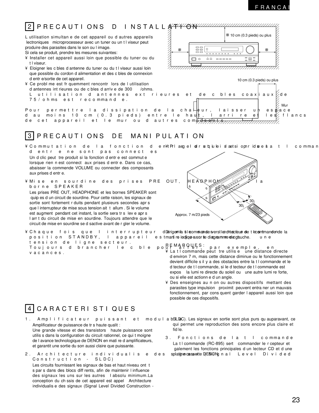 Denon DRA-295 Precautions D’INSTALLATION, Precautions DE Manipulation, Caracteristiques, Fonctions de la télécommande 