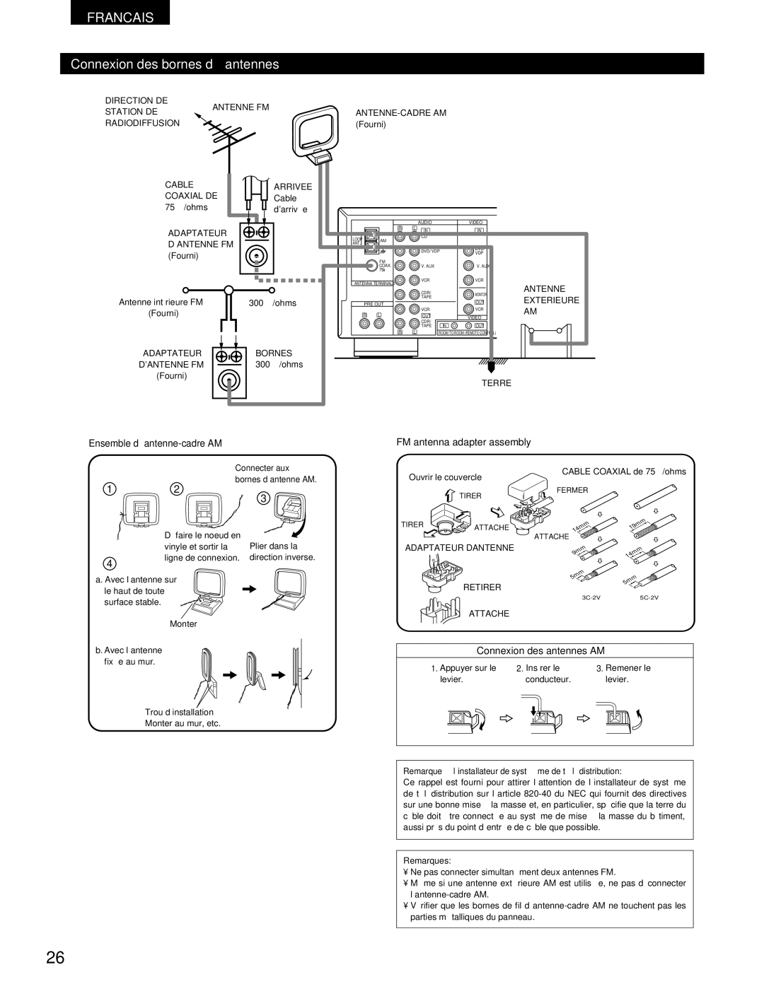 Denon DRA-295 manual Connexion des bornes d’antennes, Ensemble d’antenne-cadre AM FM antenna adapter assembly, Remarques 