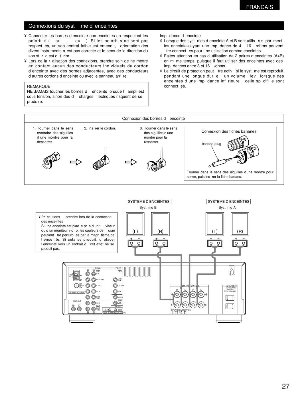 Denon DRA-295 manual Connexions du système d’enceintes, Impédance d’enceinte, Connexion des bornes d’enceinte 