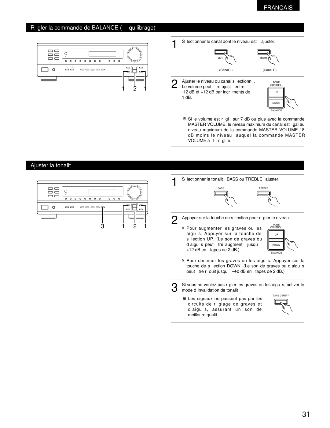 Denon DRA-295 manual Régler la commande de Balance équilibrage, Ajuster la tonalité 