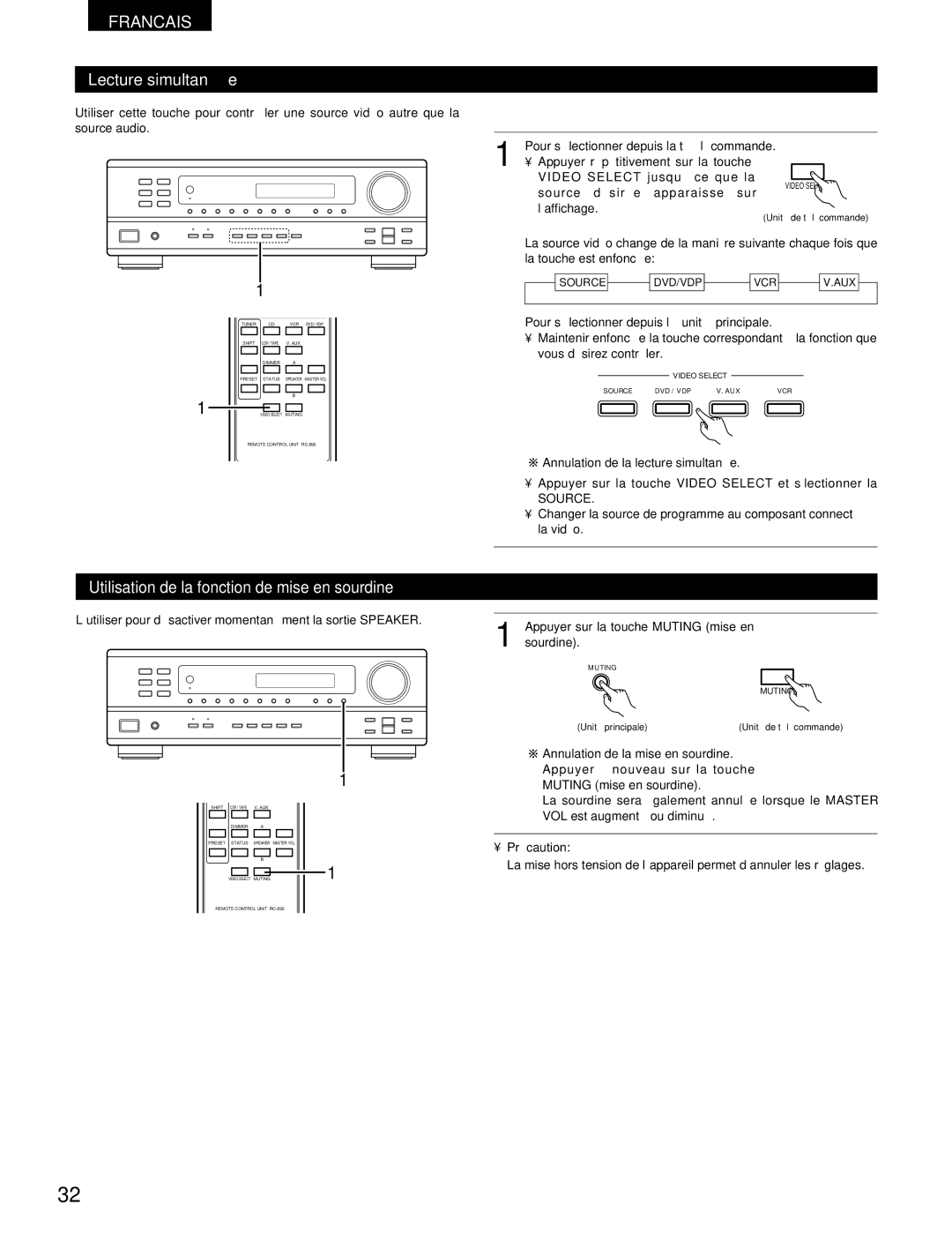 Denon DRA-295 Lecture simultanée, Utilisation de la fonction de mise en sourdine, Pour sélectionner depuis la télécommande 