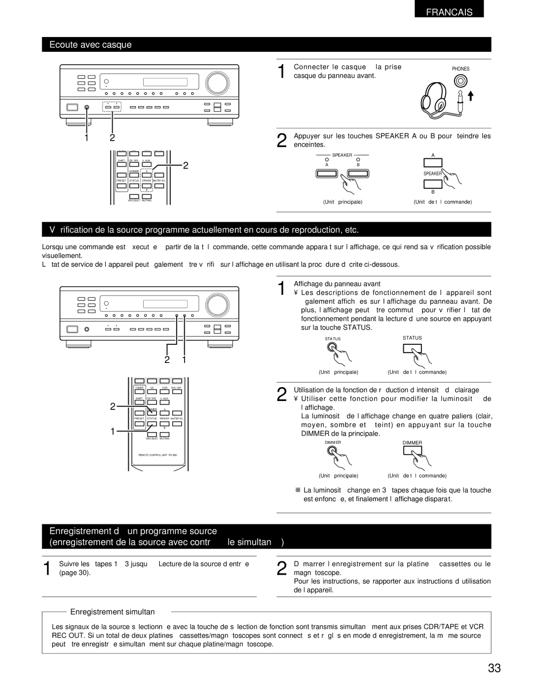 Denon DRA-295 manual Ecoute avec casque, Enregistrement simultané 