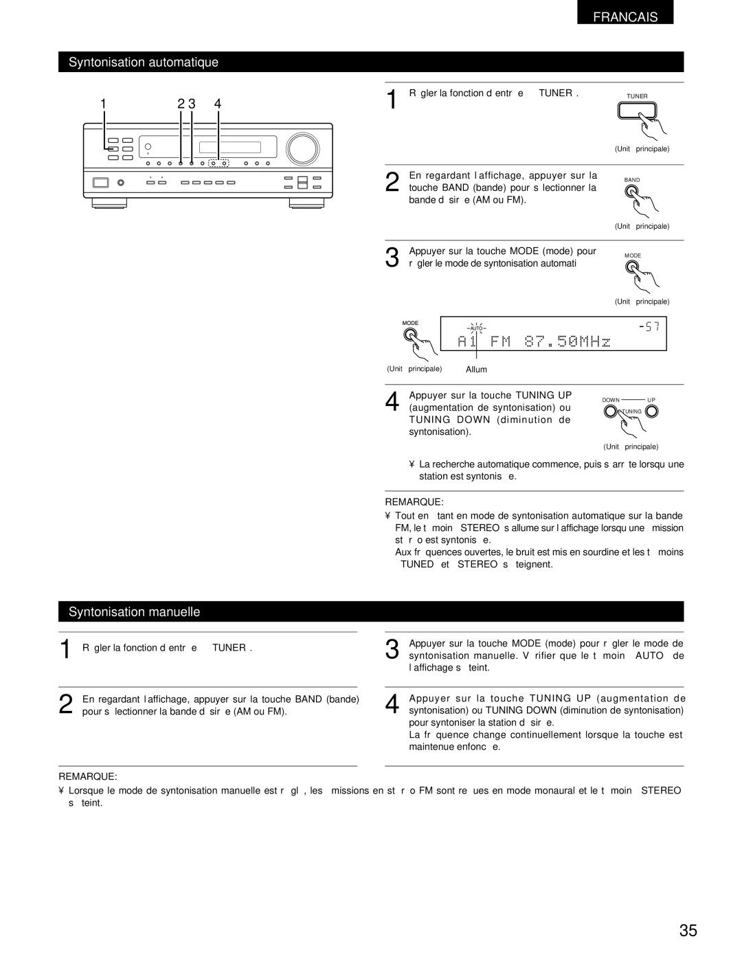 Denon DRA-295 manual Syntonisation automatique, Syntonisation manuelle, Allumé 