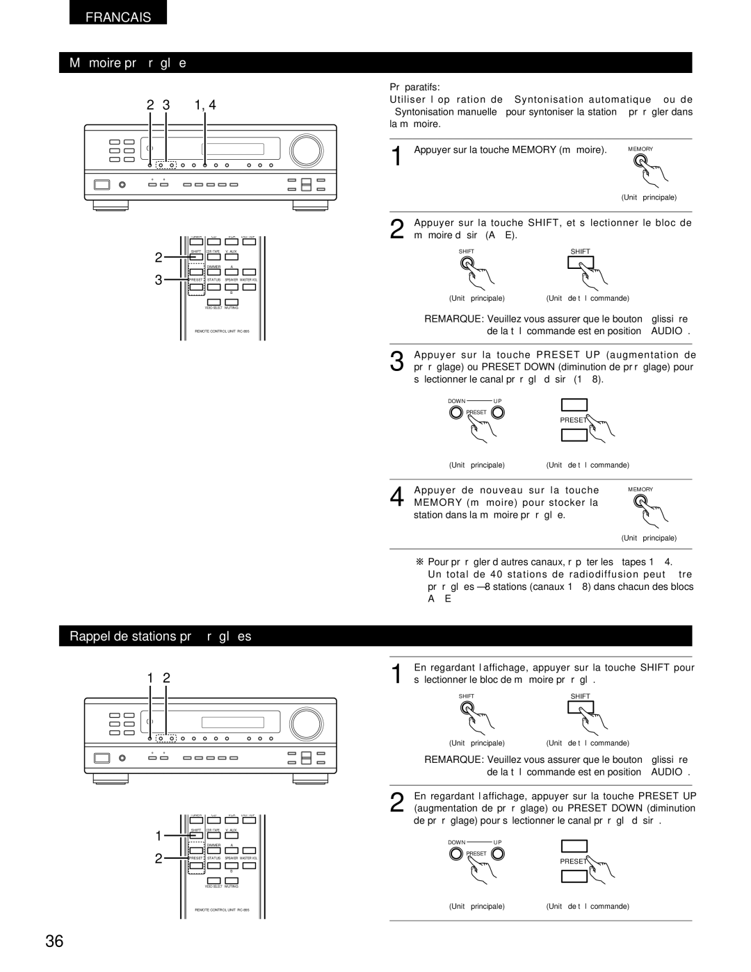 Denon DRA-295 manual Mémoire préréglée, Rappel de stations préréglées 