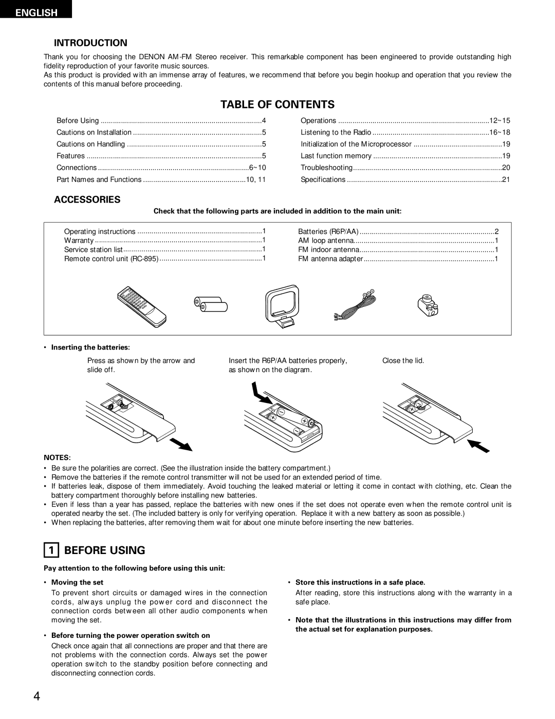 Denon DRA-295 manual Table of Contents, Before Using 