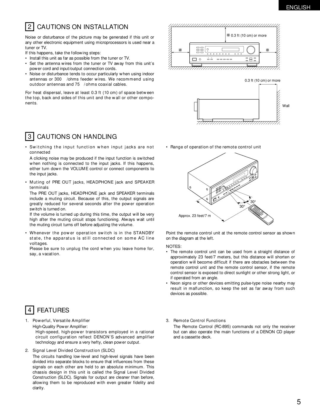 Denon DRA-295 manual Features, Signal Level Divided Construction Sldc, Remote Control Functions, Ft 10 cm or more Wall 