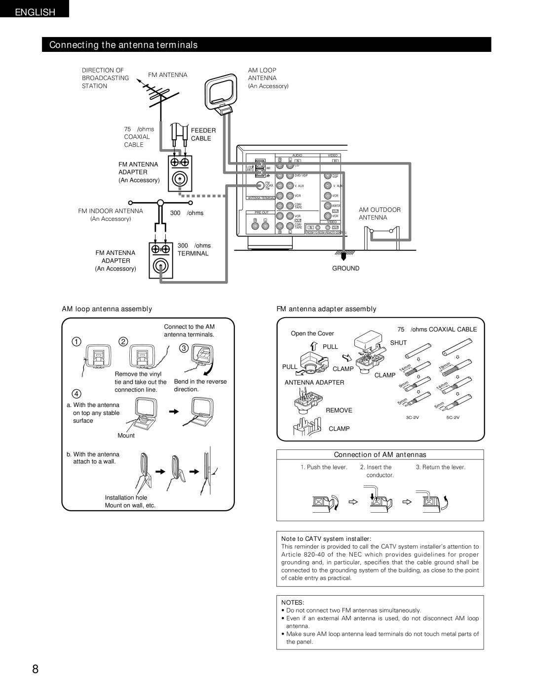 Denon DRA-295 manual Connecting the antenna terminals, AM loop antenna assembly, FM antenna adapter assembly 