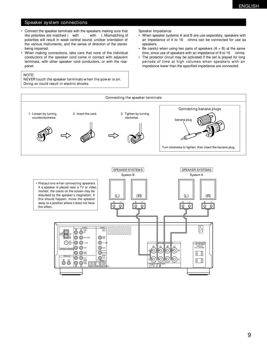 Denon DRA-295 Speaker system connections, Connecting the speaker terminals, Connecting banana plugs, System B, System a 