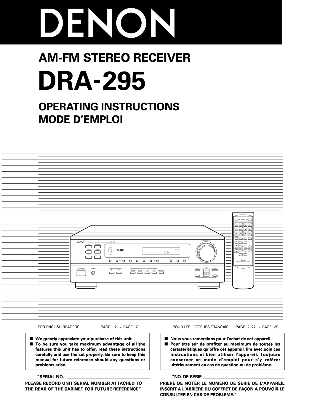 Denon DRA-295 manual Operating Instructions Mode D’Emploi, Am-Fmstereo Receiver 