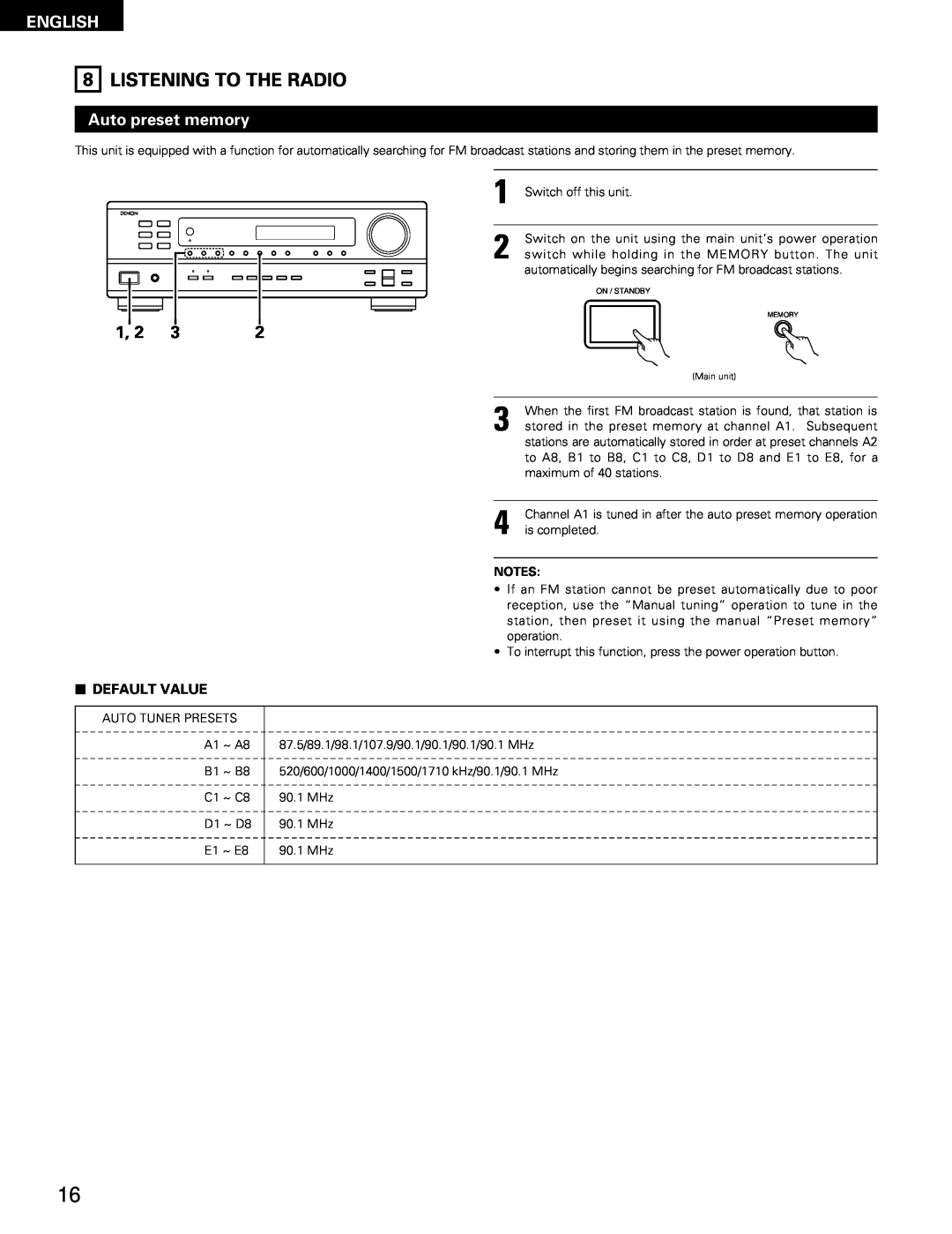 Denon DRA-295 manual Listening To The Radio, Auto preset memory, English, 2DEFAULT VALUE 