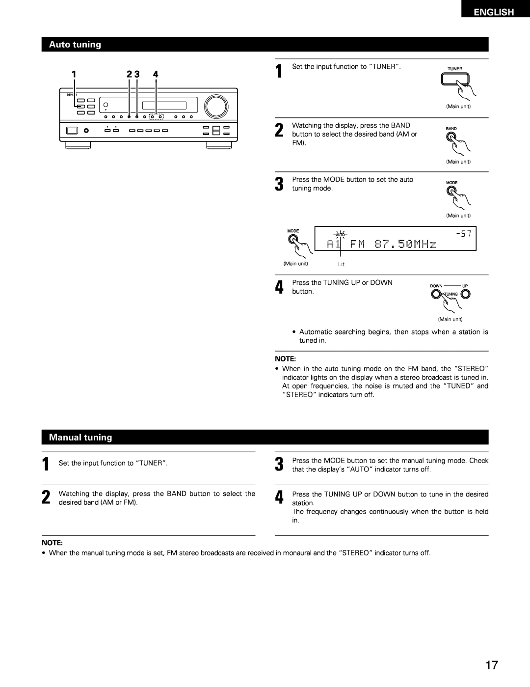 Denon DRA-295 manual ENGLISH Auto tuning, Manual tuning 