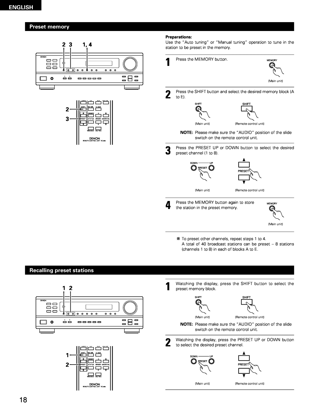 Denon DRA-295 manual ENGLISH Preset memory, Recalling preset stations 