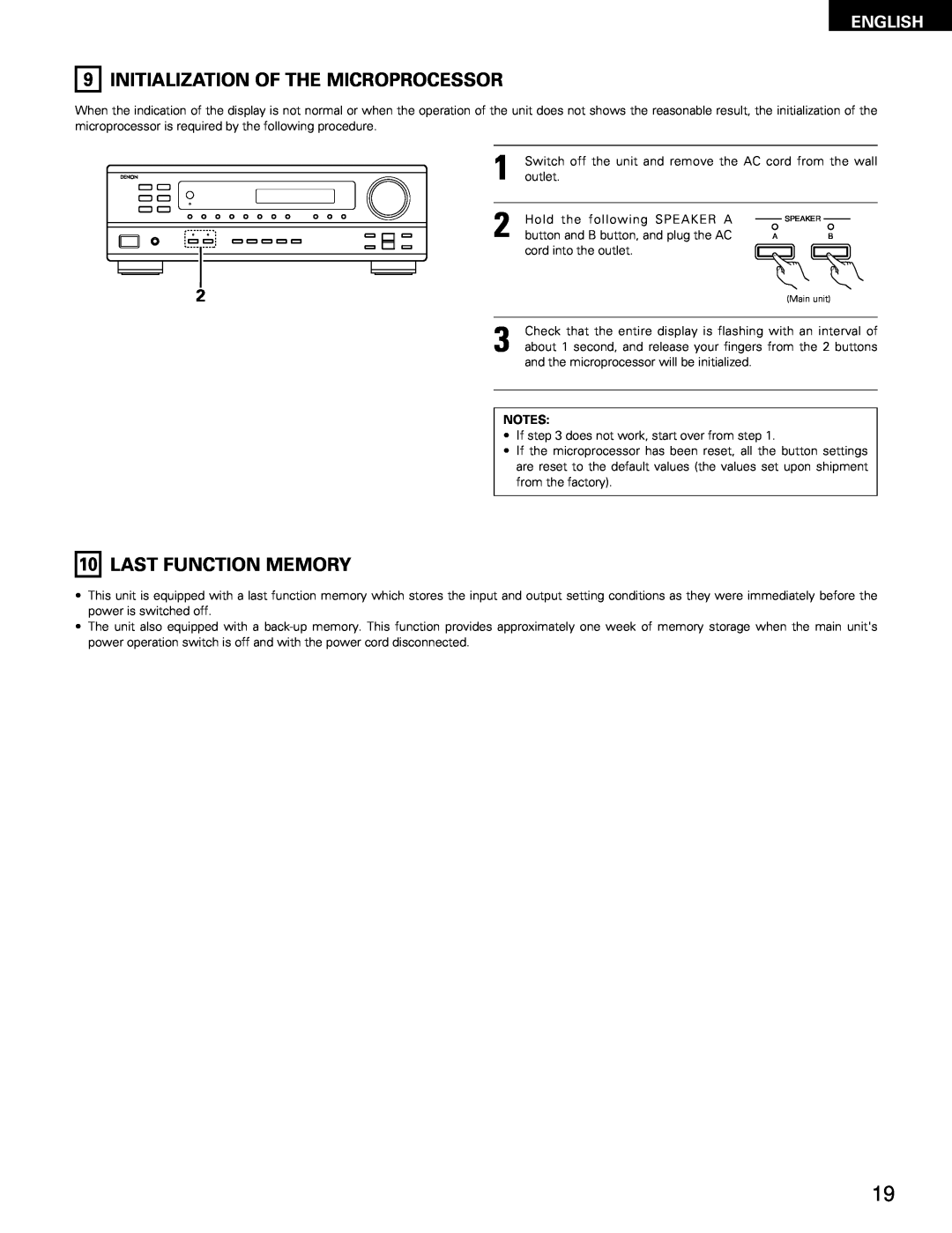Denon DRA-295 manual Initialization Of The Microprocessor, 10LAST FUNCTION MEMORY, English 