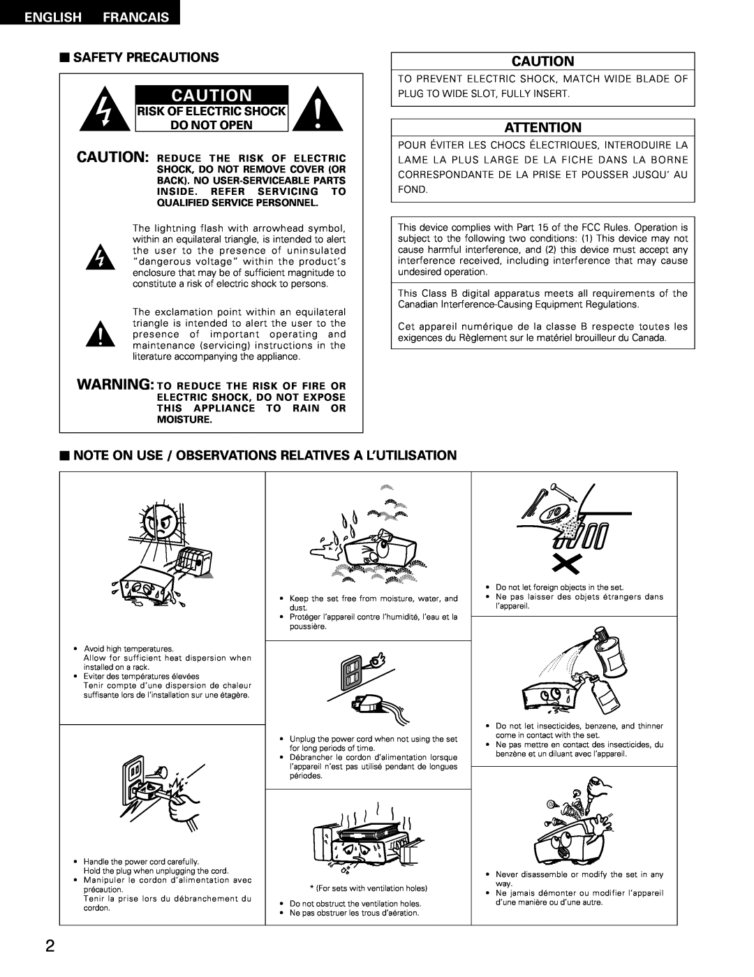 Denon DRA-295 manual English Francais, 2SAFETY PRECAUTIONS, Risk Of Electric Shock Do Not Open 