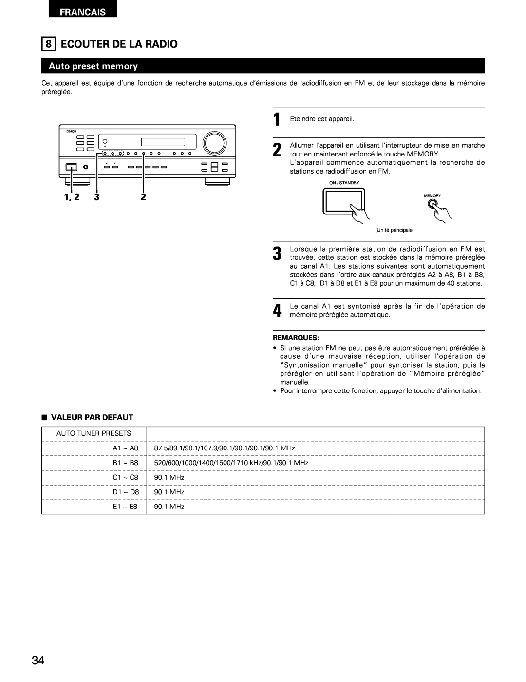 Denon DRA-295 manual Ecouter De La Radio, Francais, Auto preset memory, 2VALEUR PAR DEFAUT 