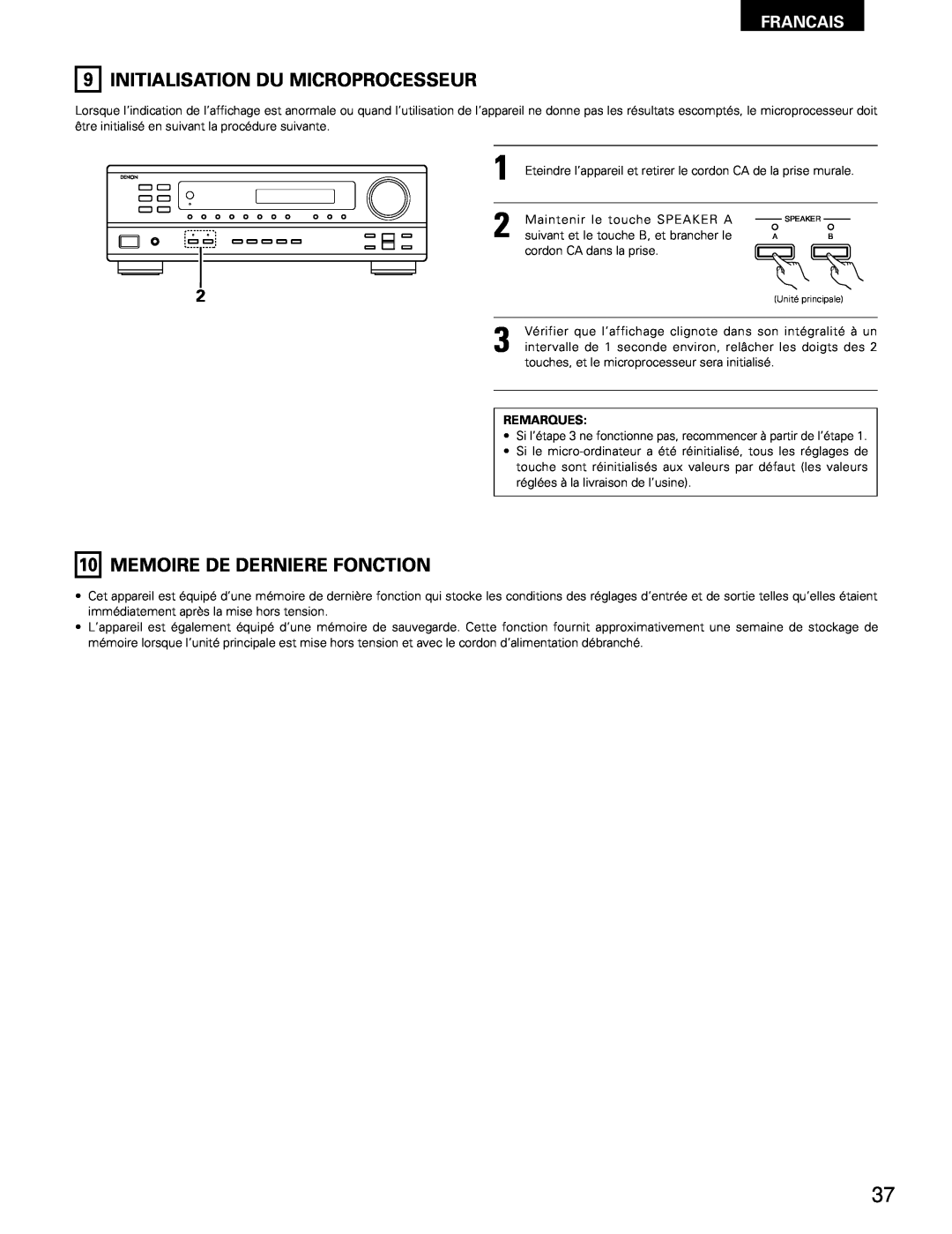 Denon DRA-295 manual Initialisation Du Microprocesseur, 10MEMOIRE DE DERNIERE FONCTION, Francais 
