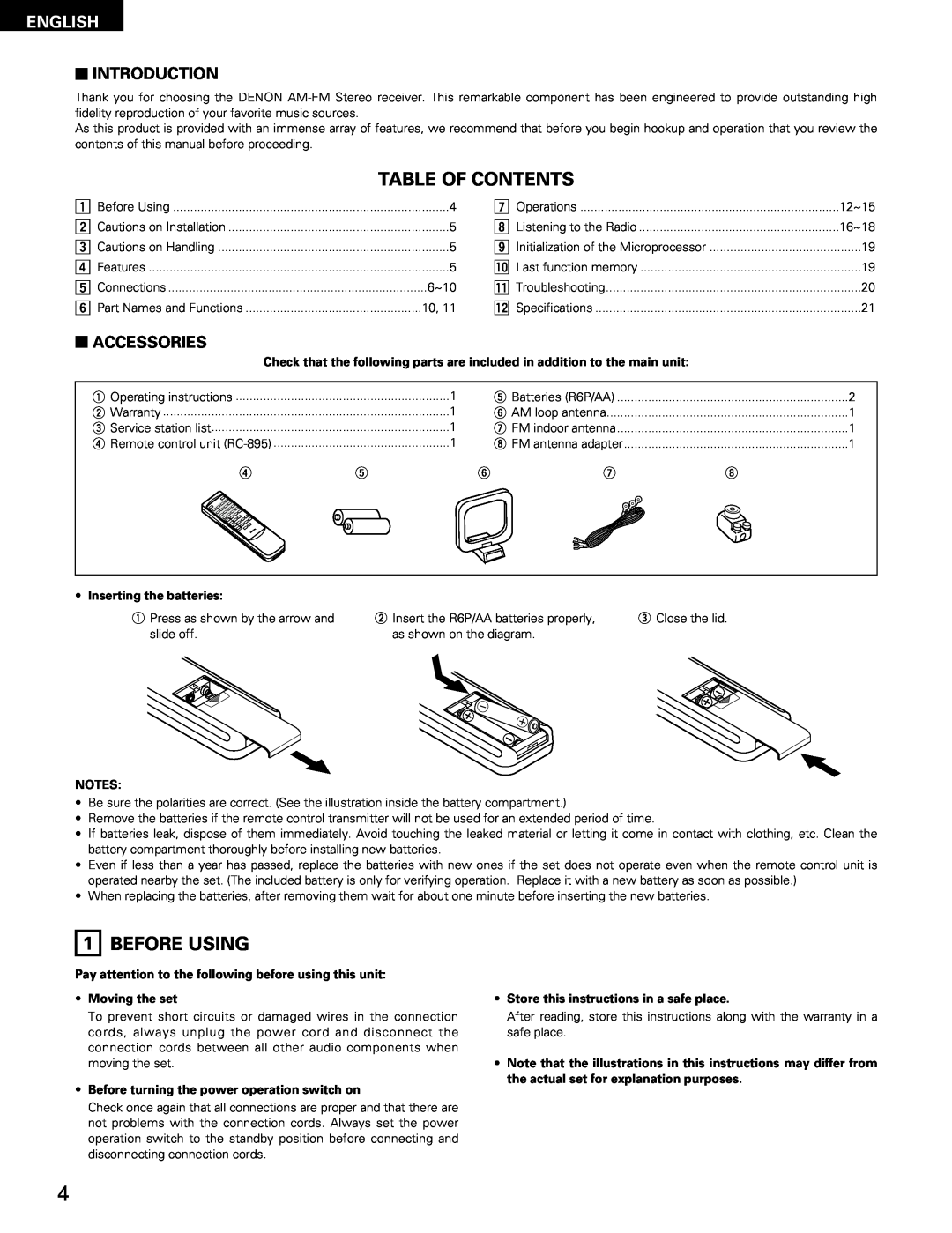 Denon DRA-295 manual Table Of Contents, Before Using, English, 2INTRODUCTION, 2ACCESSORIES 