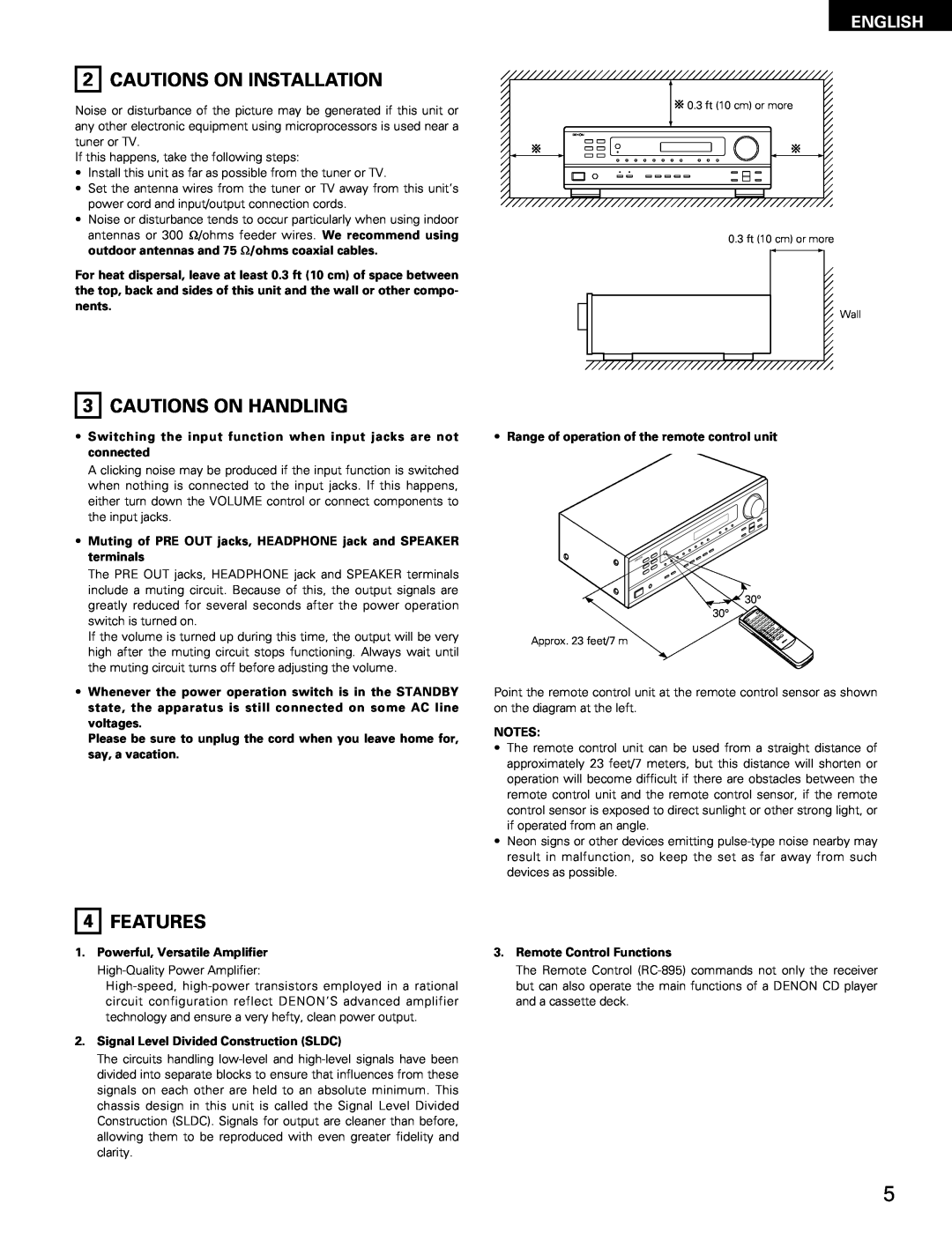Denon DRA-295 manual Cautions On Installation, 3CAUTIONS ON HANDLING, 4FEATURES, English 