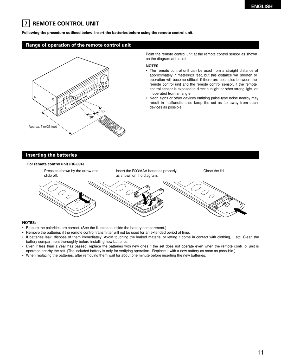 Denon DRA-395 manual Remote Control Unit, Range of operation of the remote control unit, Inserting the batteries 