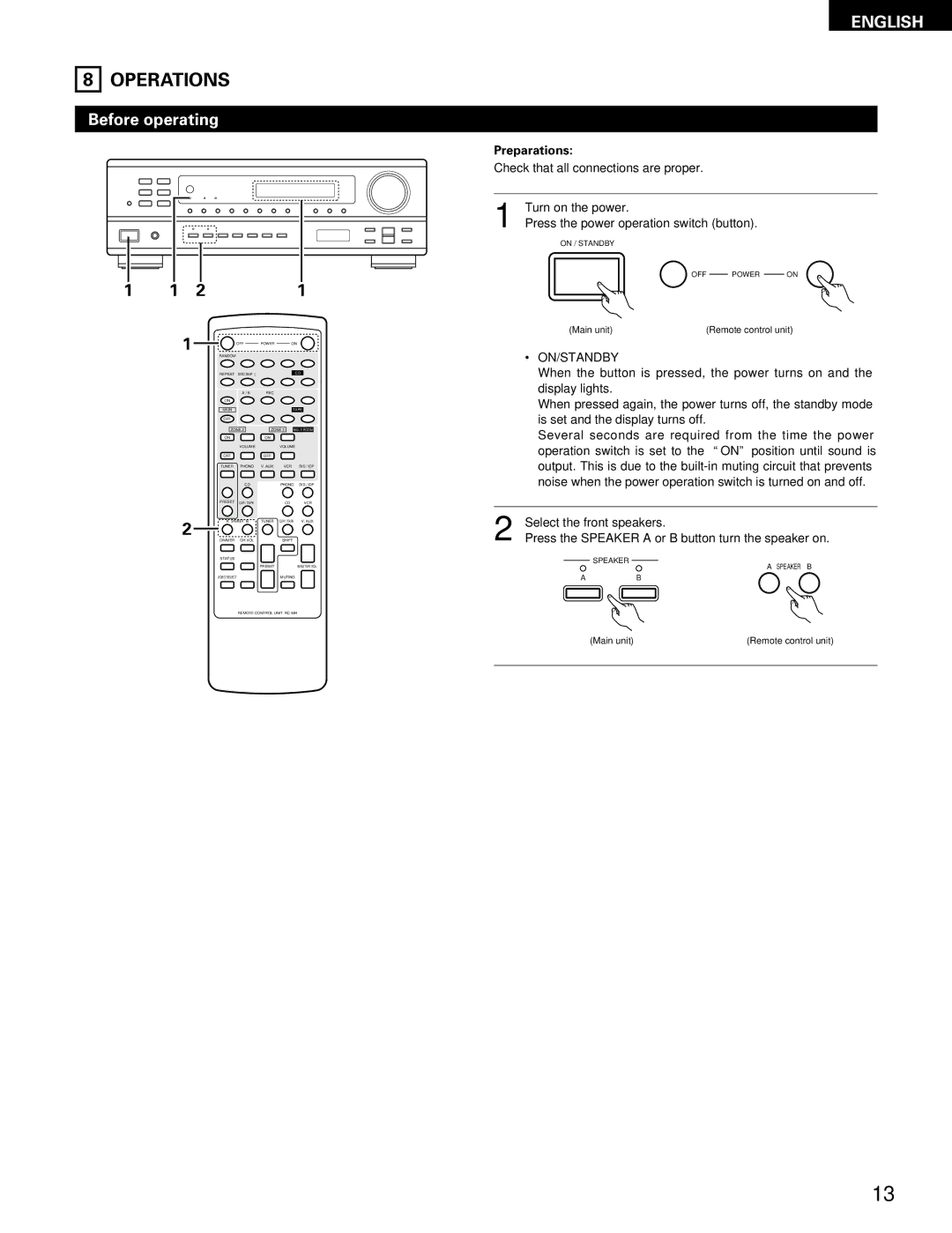 Denon DRA-395 manual Operations, Before operating, Preparations, On/Standby 