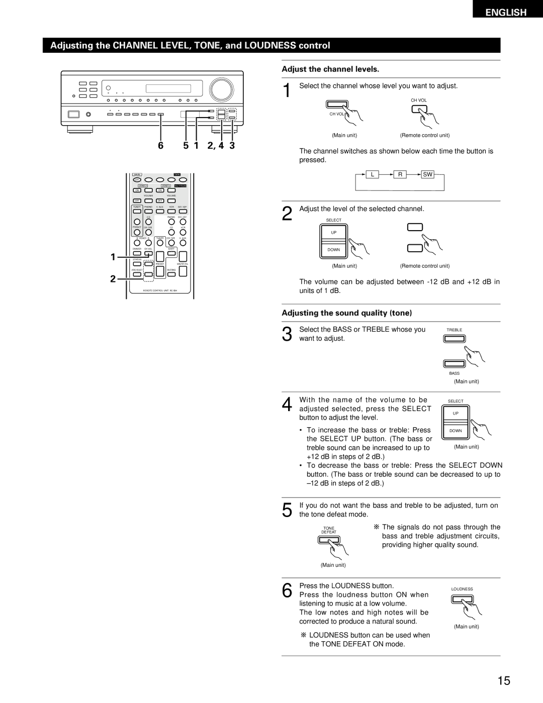 Denon DRA-395 manual Adjusting the Channel LEVEL, TONE, and Loudness control, Adjust the channel levels 