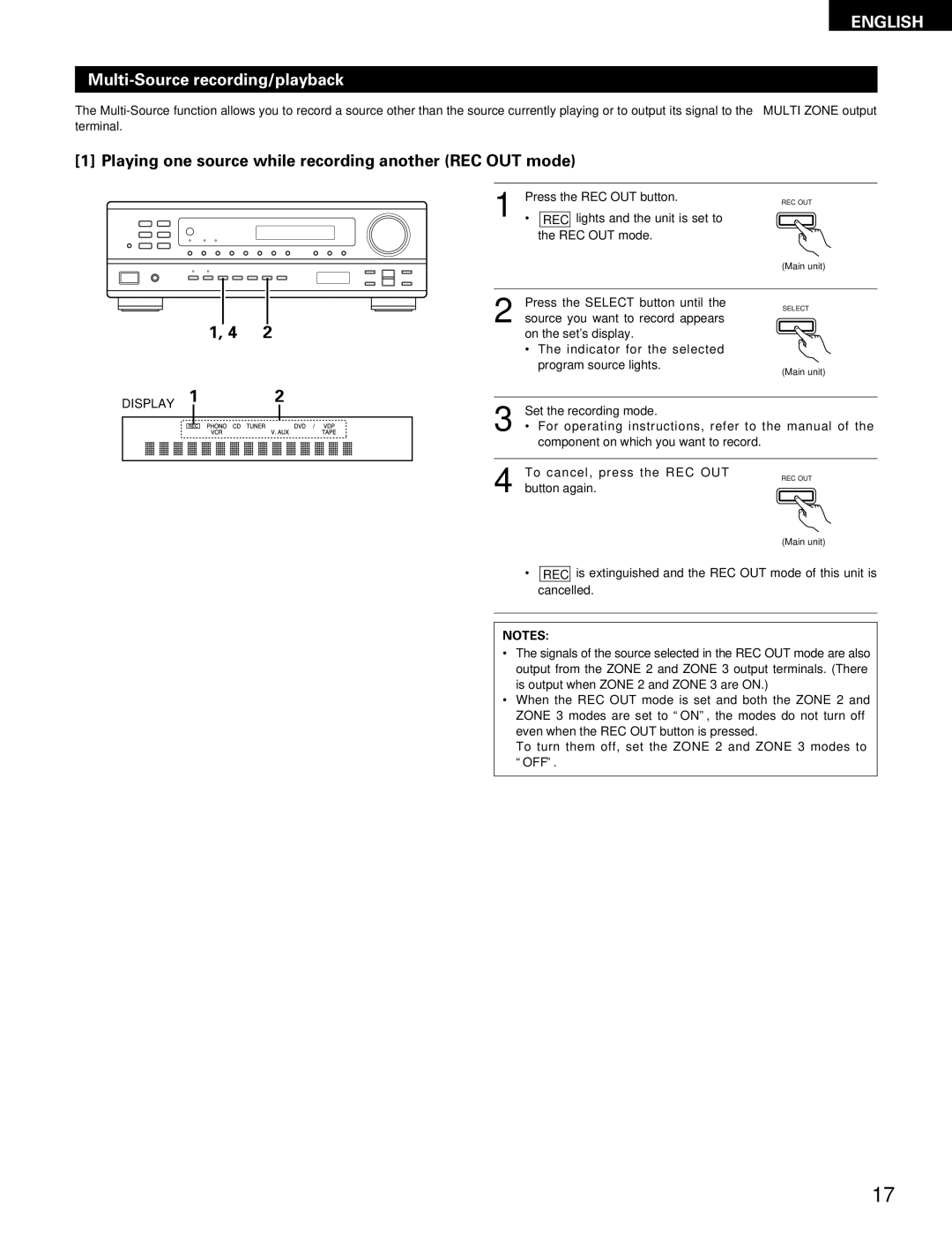 Denon DRA-395 manual Multi-Source recording/playback, Playing one source while recording another REC OUT mode 