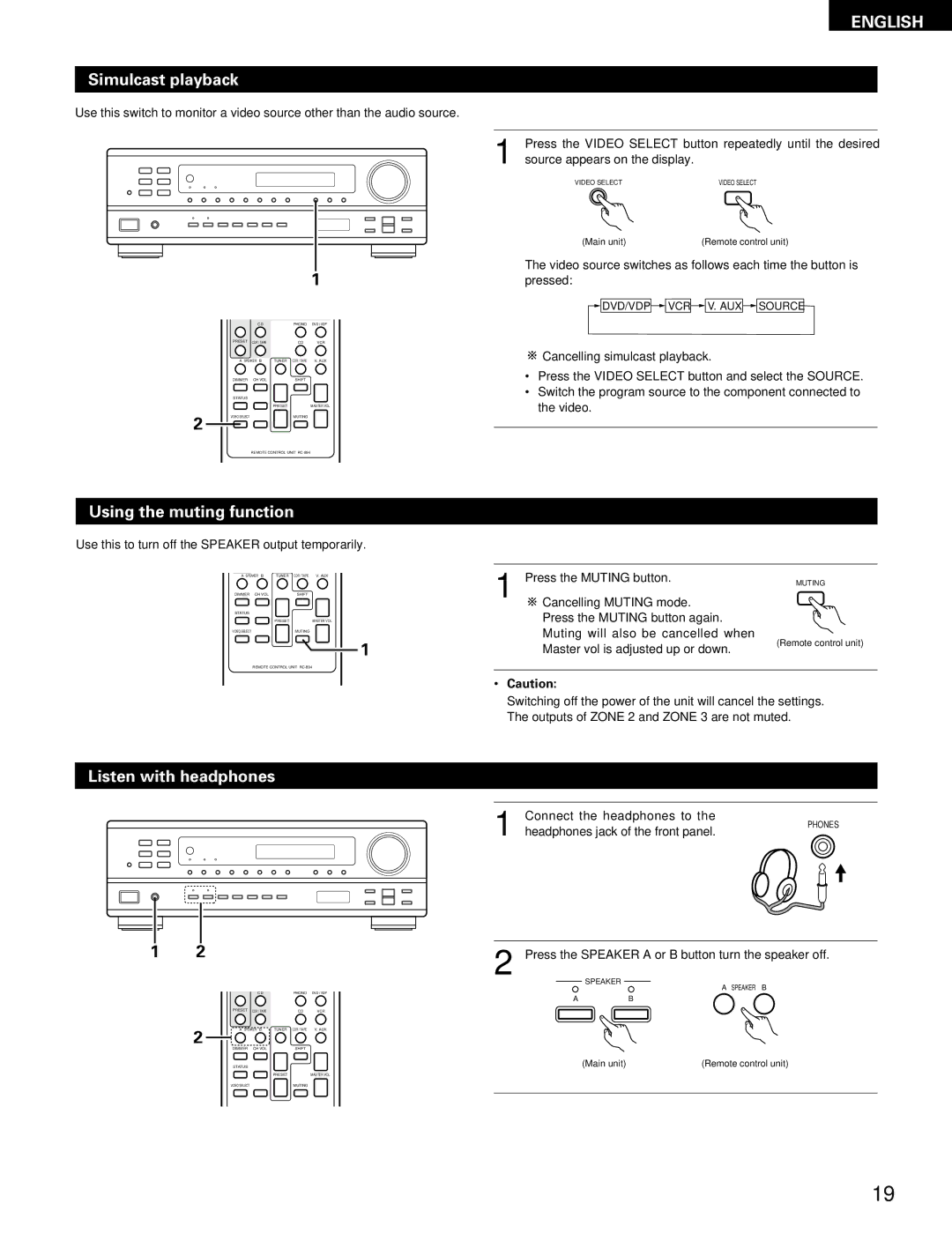 Denon DRA-395 manual Simulcast playback, Using the muting function, Listen with headphones 