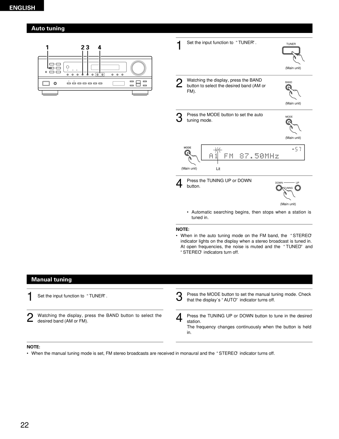 Denon DRA-395 manual Auto tuning, Manual tuning, Set the input function to Tuner, Lit 