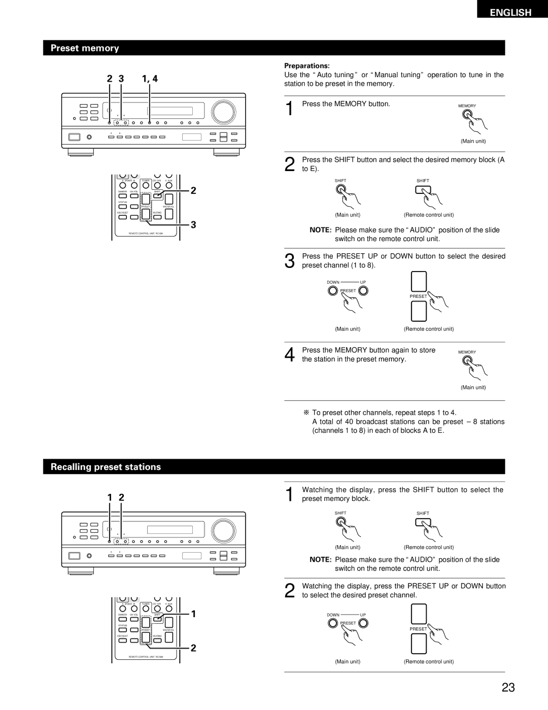 Denon DRA-395 manual Preset memory, Recalling preset stations 