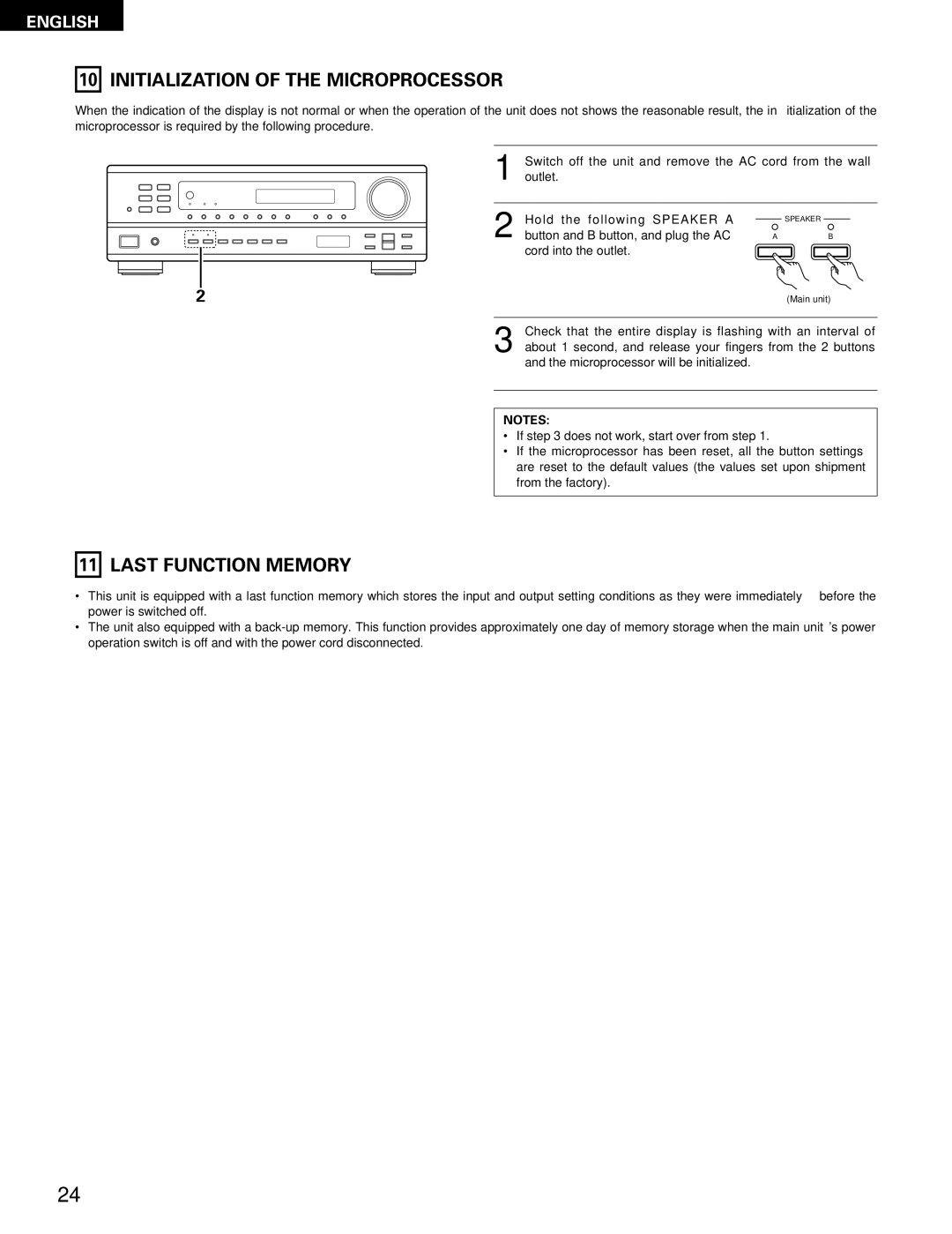 Denon DRA-395 manual Initialization of the Microprocessor, Last Function Memory 