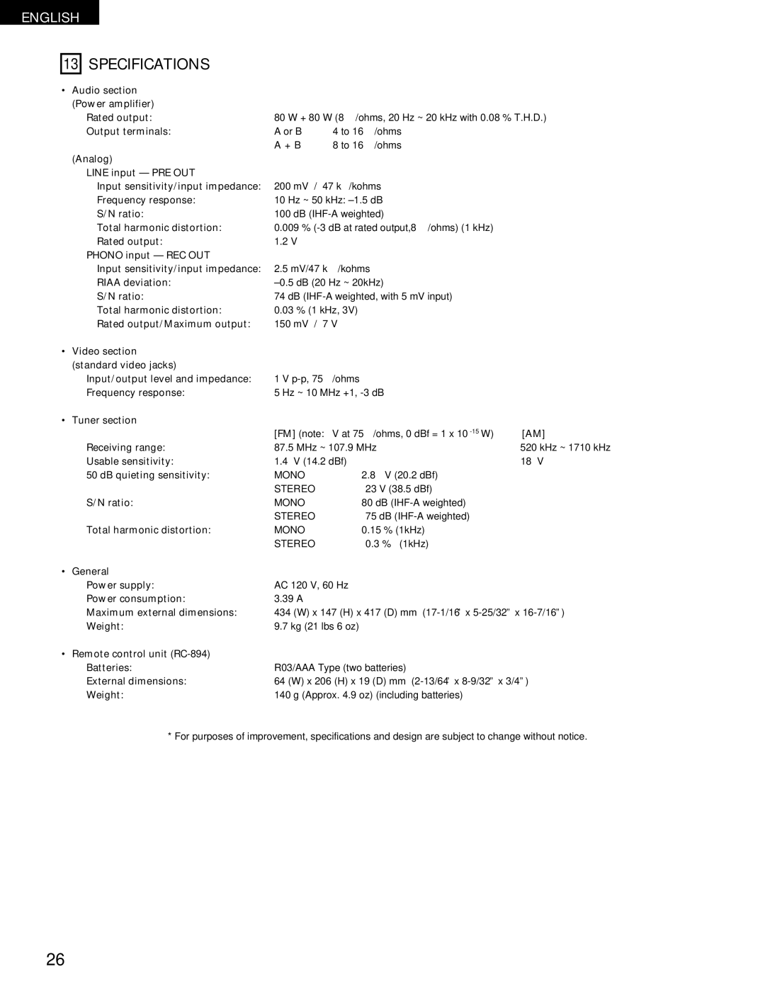 Denon DRA-395 manual Specifications 