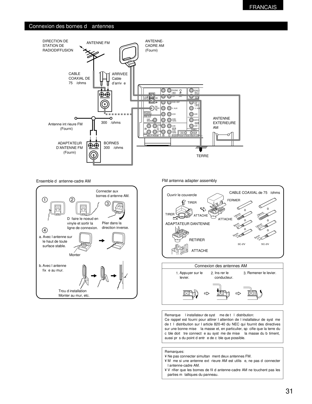 Denon DRA-395 manual Connexion des bornes d’antennes, Ensemble d’antenne-cadre AM FM antenna adapter assembly, Remarques 