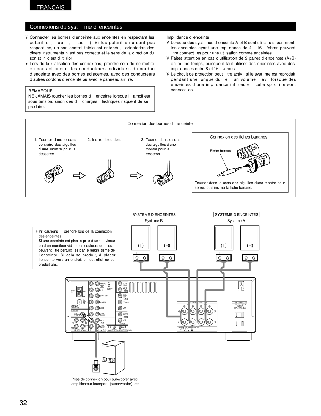 Denon DRA-395 manual Connexions du système d’enceintes, Connexion des bornes d’enceinte, Connexion des fiches bananes 