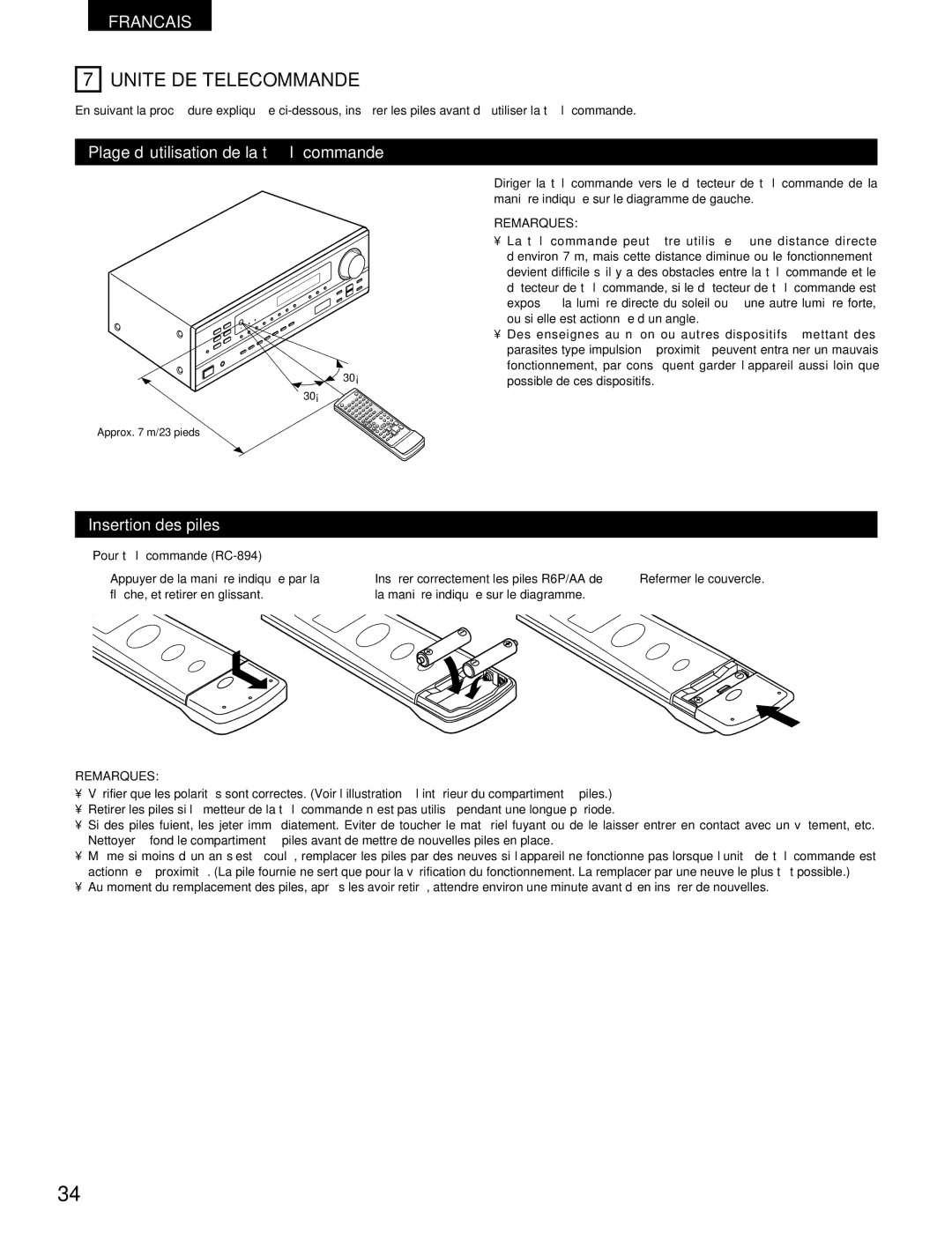 Denon DRA-395 Unite DE Telecommande, Plage d’utilisation de la télécommande, Insertion des piles, Pour télécommande RC-894 