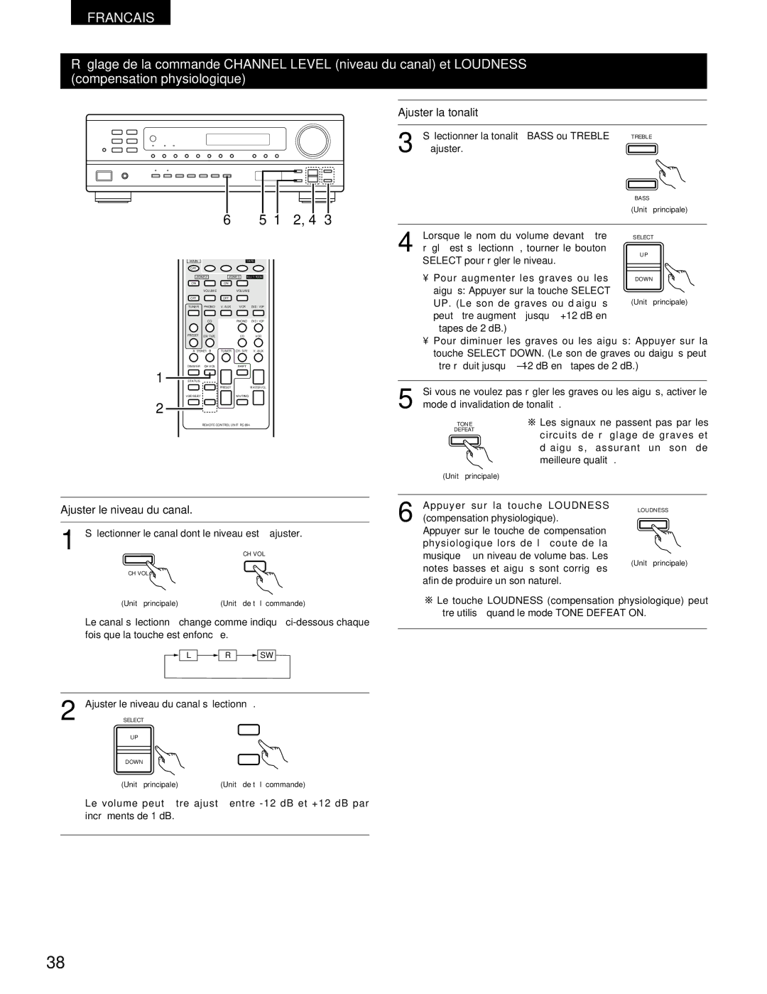 Denon DRA-395 manual Ajuster la tonalité, Sélectionner le canal dont le niveau est à ajuster 