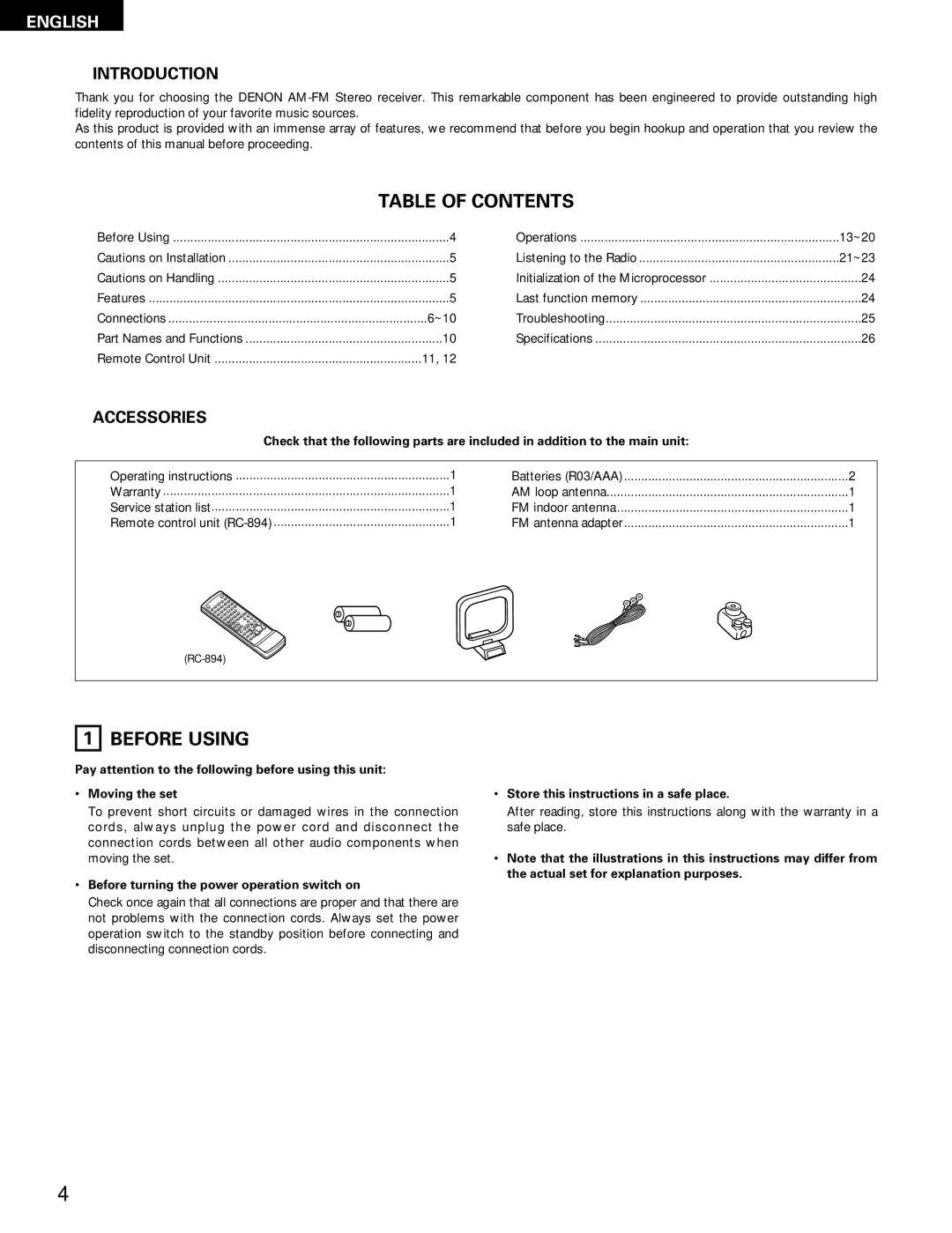 Denon DRA-395 manual Table of Contents, Before Using 