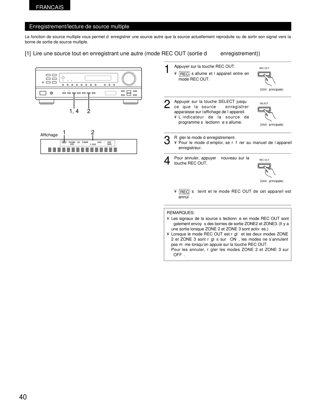 Denon DRA-395 manual Enregistrement/lecture de source multiple, Affichage 